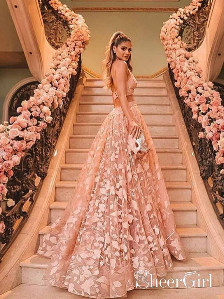 Halter Backless Pink Lace Prom Dresses Two Piece Floral Formal Dress ARD2019-SheerGirl