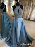 Halter Beaded Blue Formal Dress for Women Evening Long Backless Prom Dresses APD3390-SheerGirl