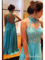 Vestidos de fiesta azules de encaje con cuentas y cuello halter Vestido formal sin espalda transparente APD3339 