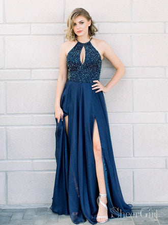 Halter Beaded Long Prom Dresses with Slit Elegant Formal Dress ARD2061-SheerGirl