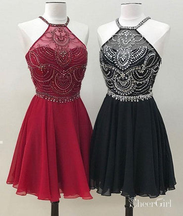 Halter Beaded Short Burgundy Homecoming Dresses Backless Black Hoco Dress ARD1372-SheerGirl