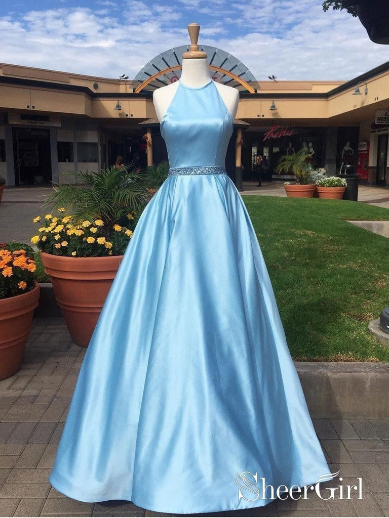 Halter Blue Satin Cheap Prom Dresses Long Simple Prom Dresses APD3217 SheerGirl Halter Blue Satin Cheap Prom Dresses Long Simple Prom Dresses APD3217 SheerGirl