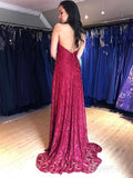 Halter Burgundy Lace Long Prom Dresses with Slit V Neck Formal Dress ARD2076-SheerGirl
