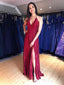Halter Burgundy Lace Long Prom Dresses with Slit V Neck Formal Dress ARD2076