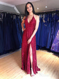 Halter Burgundy Lace Long Prom Dresses with Slit V Neck Formal Dress ARD2076-SheerGirl