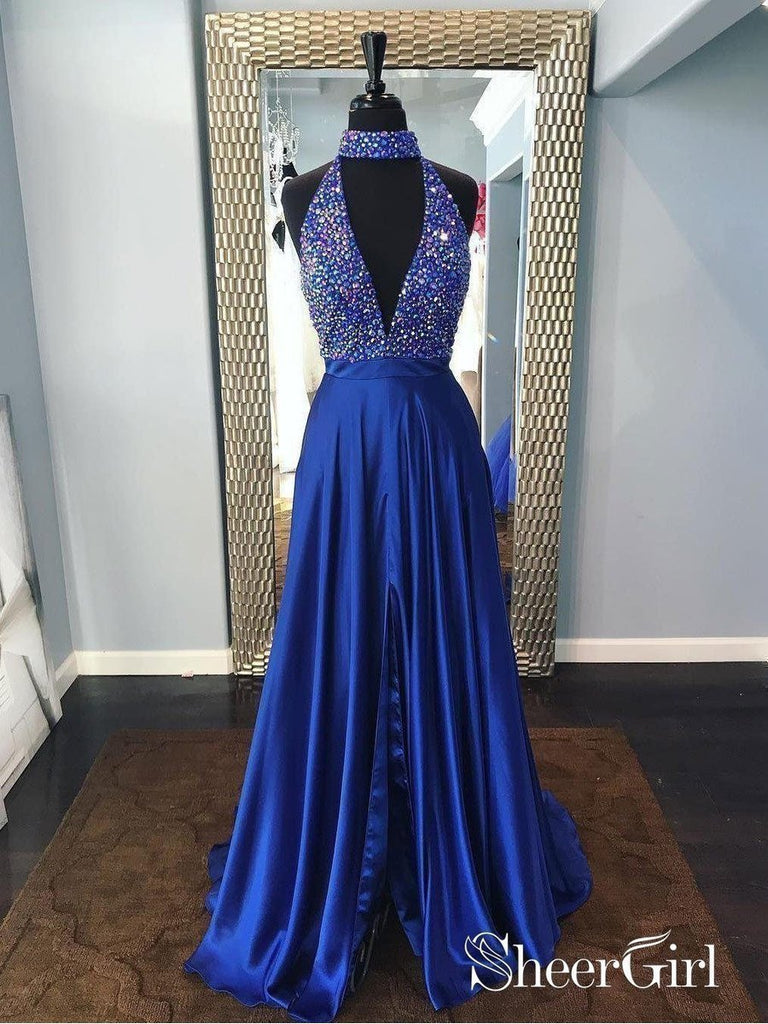 Halter Deep V-neck Beaded Prom Dresses with Slit Royal Blue Formal