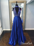 Halter Deep V-neck Beaded Prom Dresses with Slit Royal Blue Formal Dress APD3355-SheerGirl