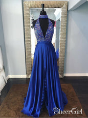 Halter Deep V-neck Beaded Prom Dresses with Slit Royal Blue Formal Dress |Sheergirl.com SheerGirl Halter Deep V-neck Beaded Prom Dresses with Slit Royal Blue Formal Dress |Sheergirl.com SheerGirl