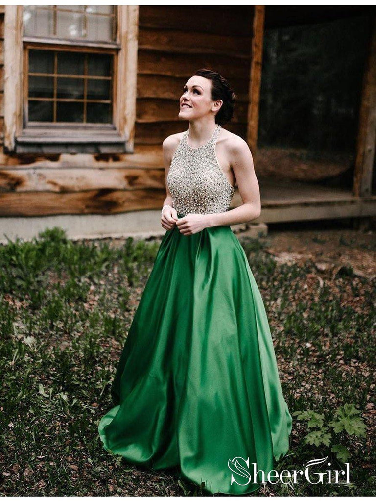 Halter Emerald Green Beaded Prom Dresses Backless Satin Long Prom Dress ARD3172-SheerGirl