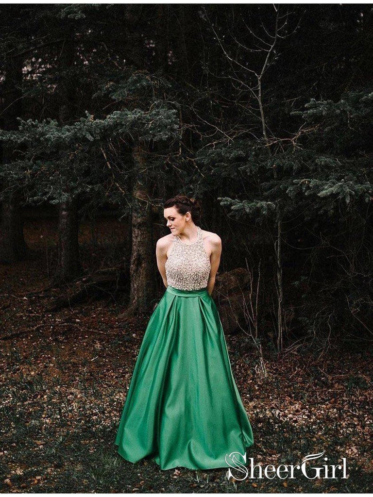 Halter Emerald Green Beaded Prom Dresses Backless Satin Long Prom Dress SheerGirl Halter Emerald Green Beaded Prom Dresses Backless Satin Long Prom Dress SheerGirl