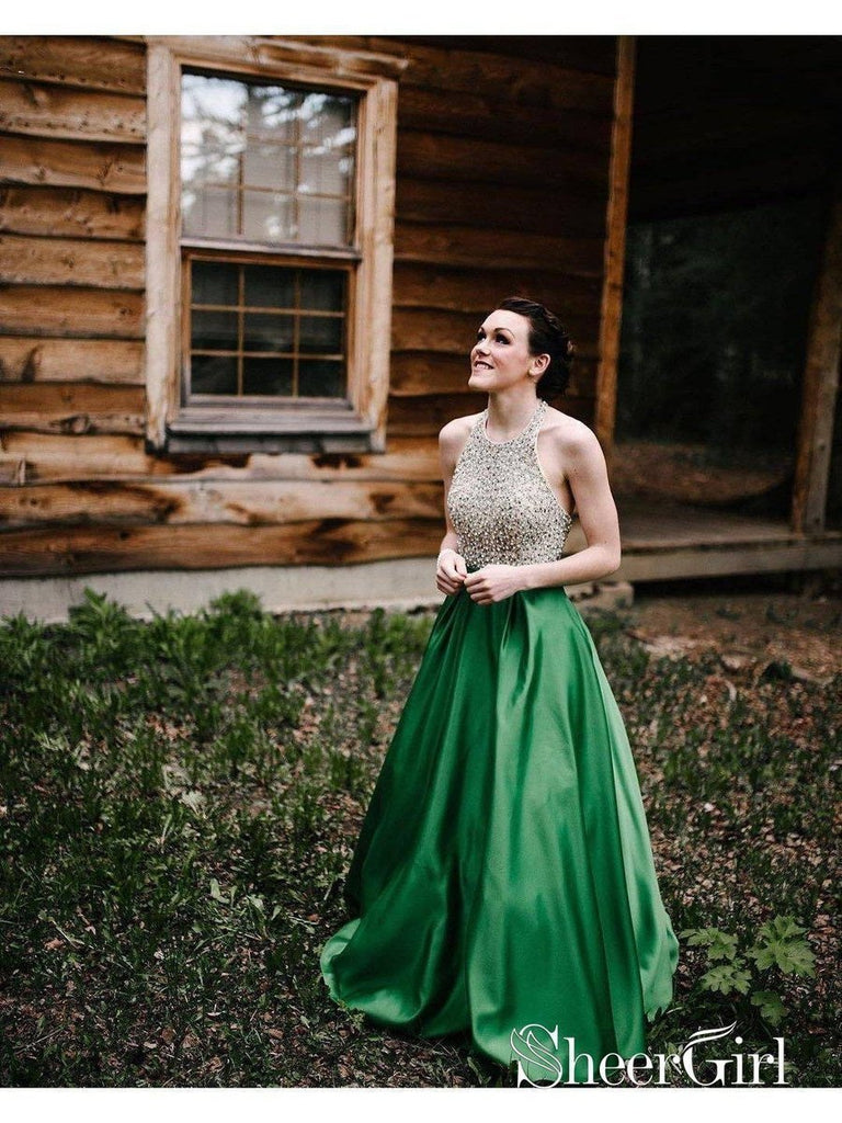 Halter Emerald Green Beaded Prom Dresses Backless Satin Long Prom Dress SheerGirl Halter Emerald Green Beaded Prom Dresses Backless Satin Long Prom Dress SheerGirl