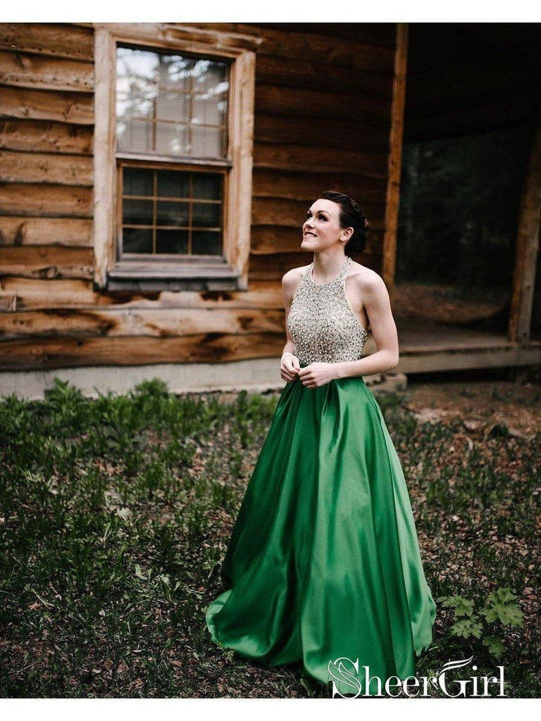 Halter Emerald Green Beaded Prom Dresses Backless Satin Long Prom Dress ARD3172-SheerGirl