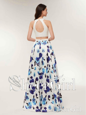 Halter Floral Printed Long Beaded Two Piece Formal Dress Open Back Prom Dresses APD3242-SheerGirl