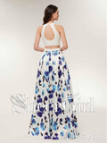 Halter Floral Printed Long Beaded Two Piece Formal Dress Open Back Prom Dresses APD3242-SheerGirl