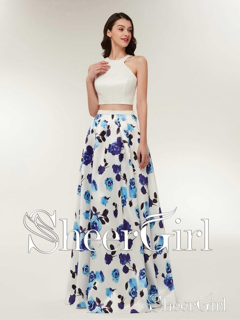 Halter Floral Printed Long Beaded Two Piece Formal Dress Open Back Prom Dresses APD3242 Halter Floral Printed Long Beaded Two Piece Formal Dress Open Back Prom Dresses APD3242