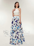 Halter Floral Printed Long Beaded Two Piece Formal Dress Open Back Prom Dresses APD3242-SheerGirl