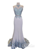 Halter Grey Lace Appliqued Jersey Mermaid Prom Dress with Sweep Train APD2349-SheerGirl