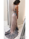 Halter Grey Lace Appliqued Jersey Mermaid Prom Dress with Sweep Train APD2349-SheerGirl