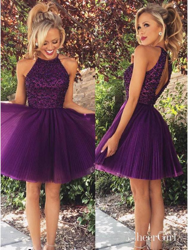 purple homecoming dress,halter homecoming dress,backless