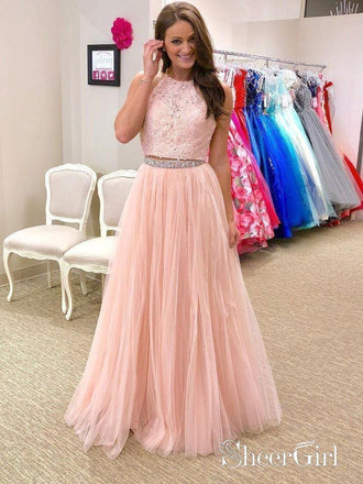Halter Lace Appliqued Two Piece Prom Dresses,Long 2 Piece Party Formal Dresses APD3183-SheerGirl