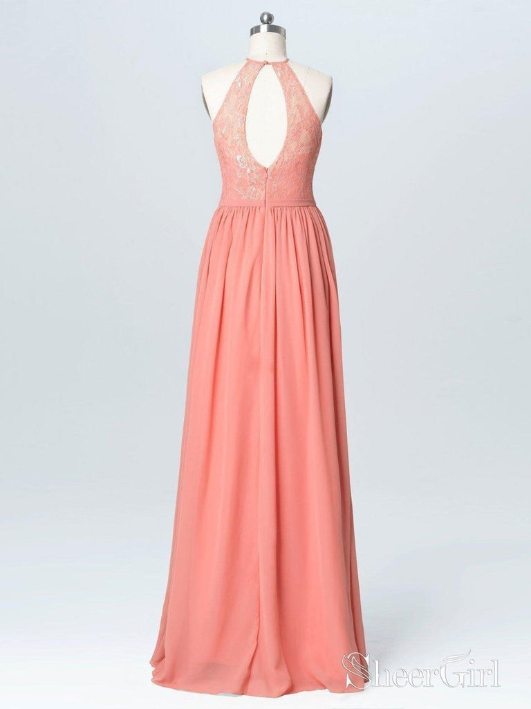 Halter Lace Long Chiffon Cheap Peach Bridesmaid Dresses APD3266-SheerGirl