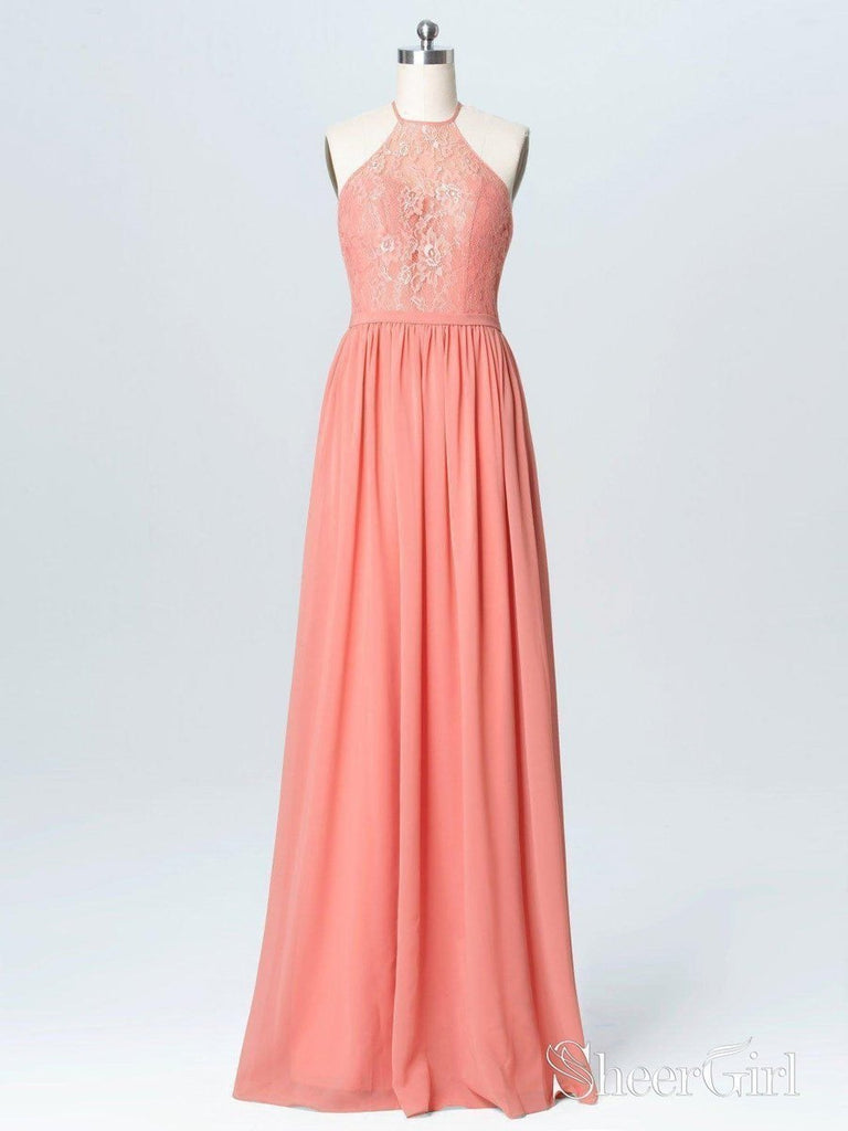 Halter Lace Long Chiffon Cheap Peach Bridesmaid Dresses APD3266-SheerGirl