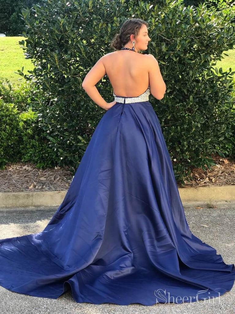 Halter Navy Blue Prom Dresses Beaded Backless Prom Dress with Train ARD2058 Halter Navy Blue Prom Dresses Beaded Backless Prom Dress with Train ARD2058