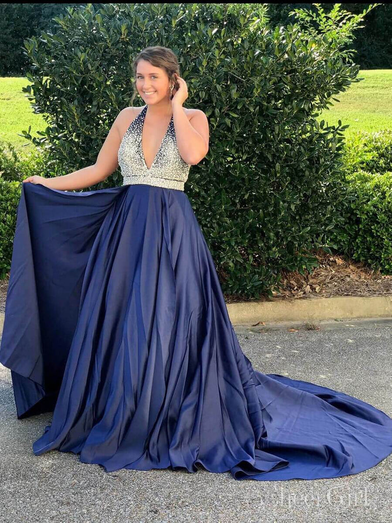 Halter Navy Blue Prom Dresses Beaded Backless Prom Dress with Train ARD2058 Halter Navy Blue Prom Dresses Beaded Backless Prom Dress with Train ARD2058