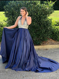 Halter Navy Blue Prom Dresses Beaded Backless Prom Dress with Train ARD2058-SheerGirl