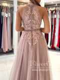 Halter Neck Appliqued Formal Evening Gowns Soft Tulle Long Prom Dresses ARD2861-SheerGirl