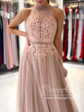 Halter Neck Appliqued Formal Evening Gowns Soft Tulle Long Prom Dresses ARD2861-SheerGirl