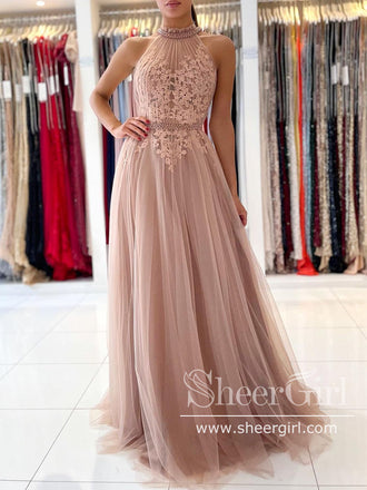 Halter Neck Appliqued Formal Evening Gowns Soft Tulle Long Prom Dresses ARD2861-SheerGirl