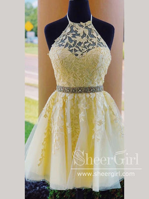 Halter Neck Appliqued Short Prom Dress Corset Back Homecoming Dress ARD2654-SheerGirl
