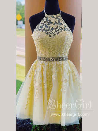 Halter Neck Appliqued Short Prom Dress Corset Back Homecoming Dress ARD2654-SheerGirl