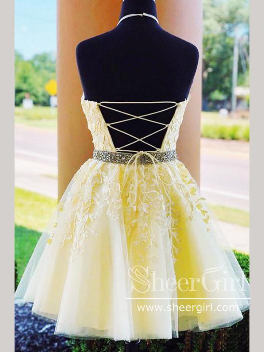 Halter Neck Appliqued Short Prom Dress Corset Back Homecoming Dress ARD2654-SheerGirl