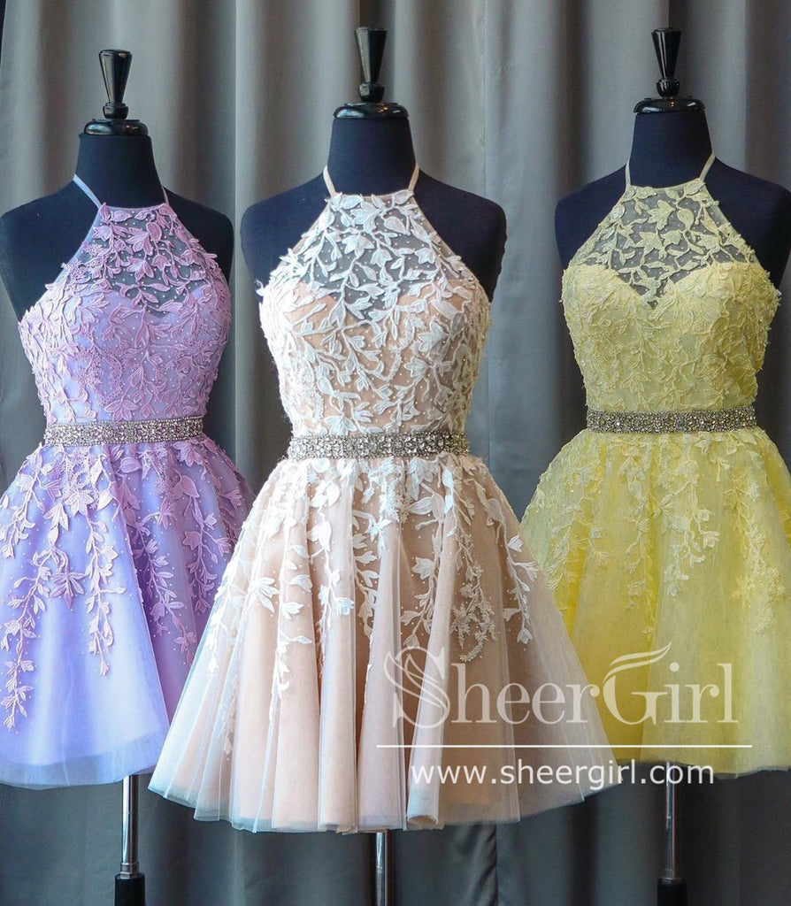 Halter Neck Appliqued Short Prom Dress Corset Back Homecoming Dress ARD2654-SheerGirl