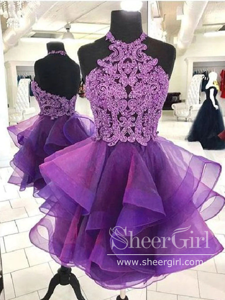 Halter Neck Appliqued Short Prom Dress Tiered Tulle Homecoming Dress ARD2835-SheerGirl