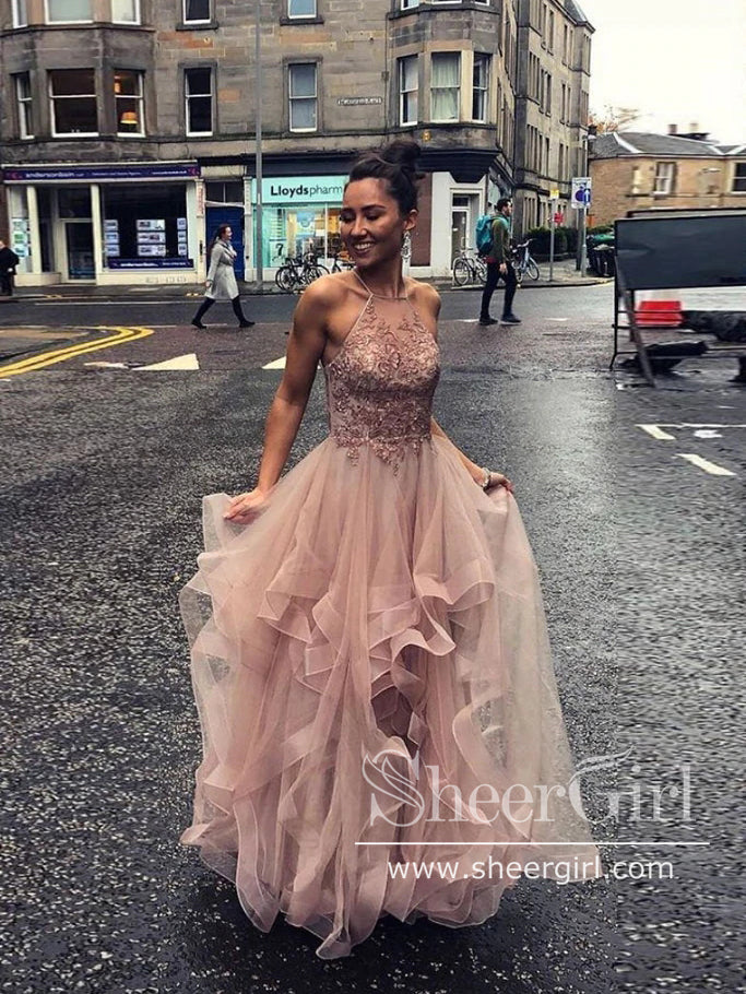 V Neck Backless Black Tulle Ruffles Long Prom Dress