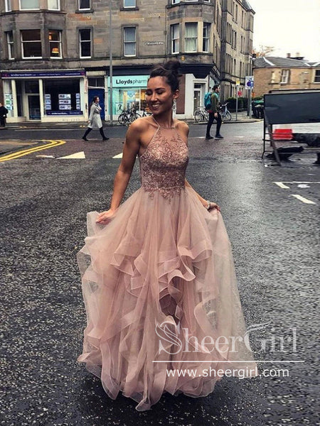 Halter Neck Backless Tiered Tulle Prom Gown Long Prom Dress ARD2731 –  SheerGirl