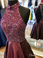 Halter Neck Burgundy Homecoming Dresses Open Back Rhinestone Hoco Dress ARD1713