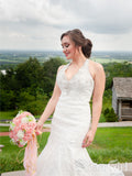 Halter Neck Mermaid Sweep Train Wedding Gown Ivory Embroidery Beaded Wedding Dresses AWD1690-SheerGirl