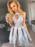Halter Neck Silver Lace Appliqued Homecoming Dresses Vintage Short Prom Dress ARD1598-SheerGirl