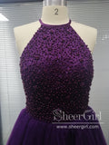Halter Neckline Beaded Bodice Short Prom Dress Pleated Tulle Skirt Key Hole Back Homecoming Dress ARD2601-SheerGirl
