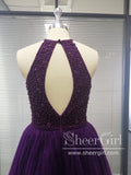 Halter Neckline Beaded Bodice Short Prom Dress Pleated Tulle Skirt Key Hole Back Homecoming Dress ARD2601-SheerGirl