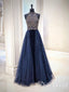 Halter Neckline Navy Blue Sparkly Beaded Bodice Attachable Layer Prom Dress ARD2521
