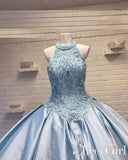 Halter Neckline Rhinestone and Crystal Beaded Quinceañera Dress Sky Blue Satin Ball Gown Prom Dress ARD2553-SheerGirl