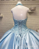 Halter Neckline Rhinestone and Crystal Beaded Quinceañera Dress Sky Blue Satin Ball Gown Prom Dress ARD2553-SheerGirl