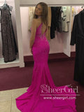 Halter Neckline Rhinestones Front Opening Party Dress Hot Pink Mermaid Long Prom Dress ARD2558-SheerGirl