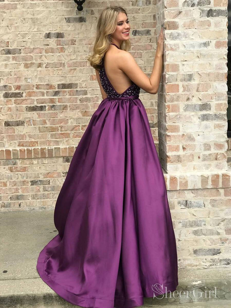 Halter Purple Long Prom Dresses Beaded Elegant Junior Prom Dress