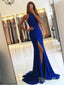 Halter Royal Blue Jersey Mermaid Prom Dresses with Sweep Train APD2791